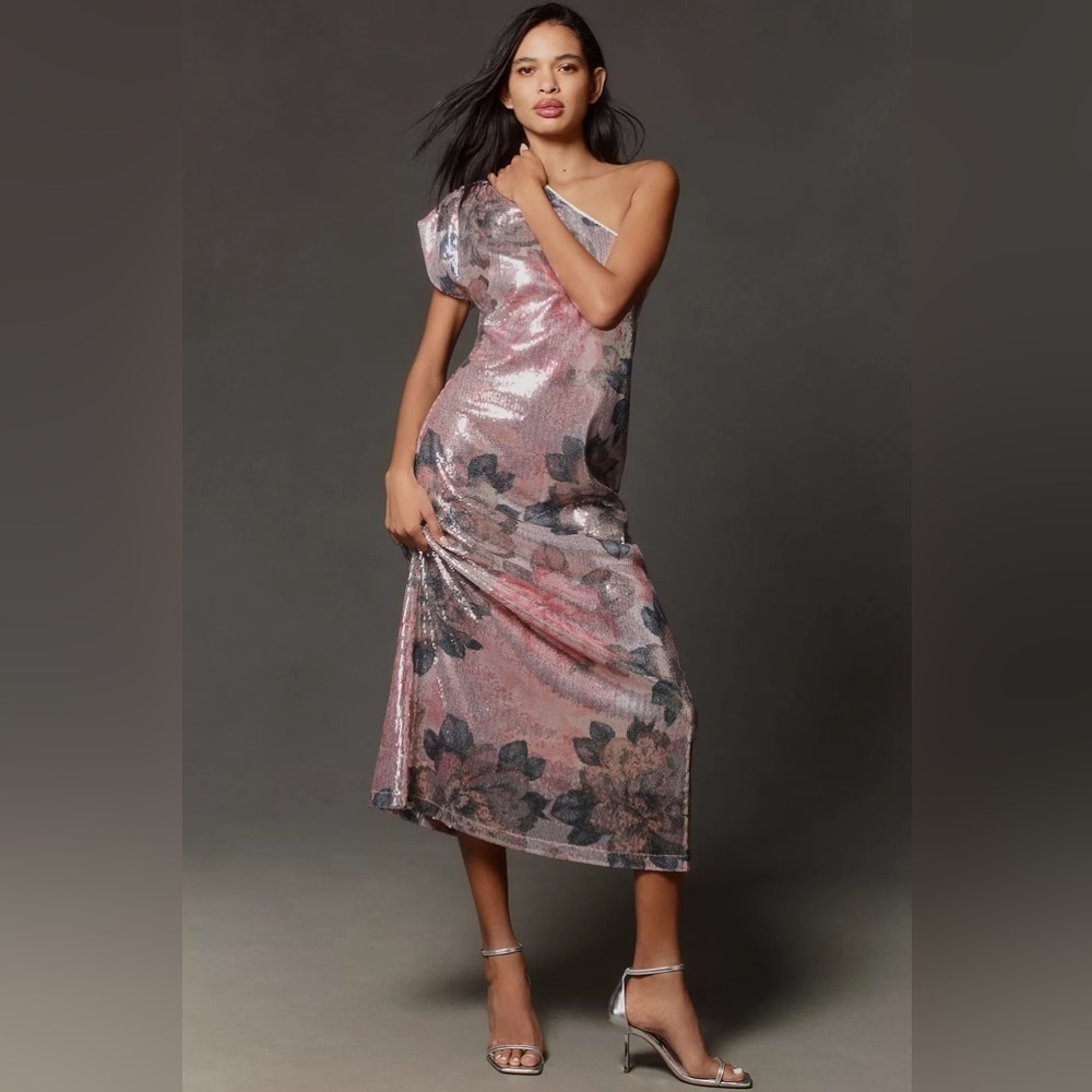 NWT! Anthropologie Porridge One-Shoulder Floral Sequin Maxi Dress Pink Large 📊